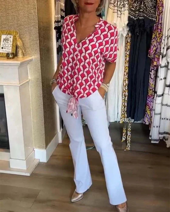 Women's V-Neck Patterned Blouse Linen Mix Short Sleeve Top