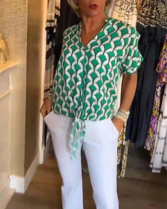 Women's V-Neck Patterned Blouse Linen Mix Short Sleeve Top