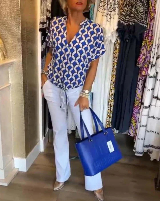 Women's V-Neck Patterned Blouse Linen Mix Short Sleeve Top
