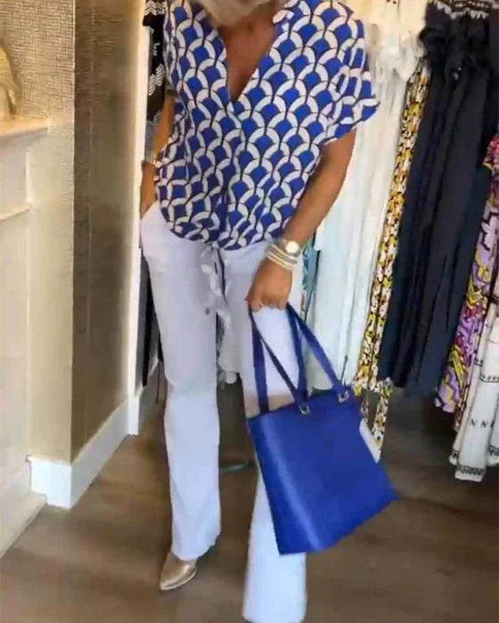 Women's V-Neck Patterned Blouse Linen Mix Short Sleeve Top