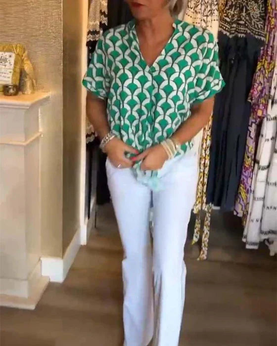 Women's V-Neck Patterned Blouse Linen Mix Short Sleeve Top