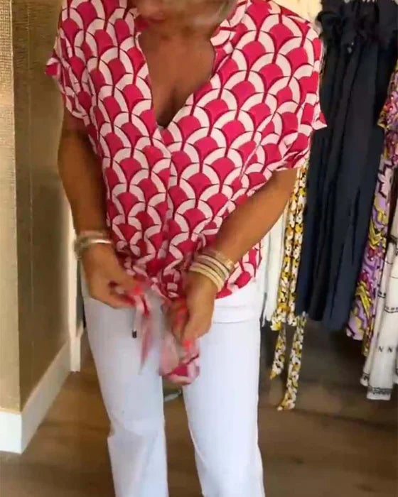 Women's V-Neck Patterned Blouse Linen Mix Short Sleeve Top