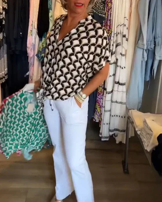 Women's V-Neck Patterned Blouse Linen Mix Short Sleeve Top