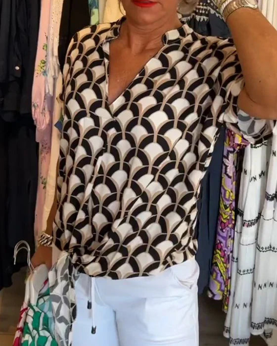 Women's V-Neck Patterned Blouse Linen Mix Short Sleeve Top
