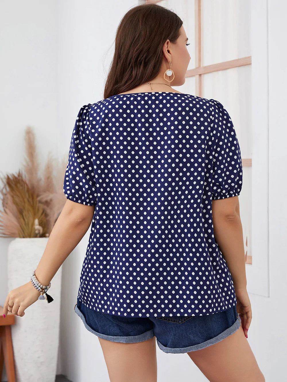 Women's Blouse Linen Polka Dot Puff Sleeve Top