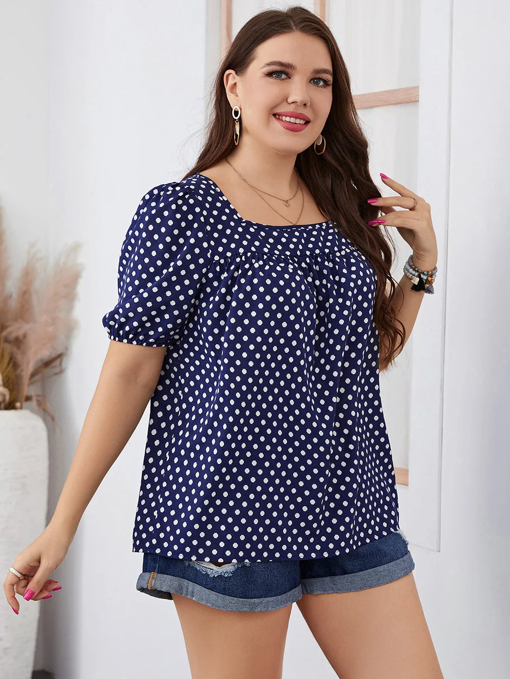 Women's Blouse Linen Polka Dot Puff Sleeve Top