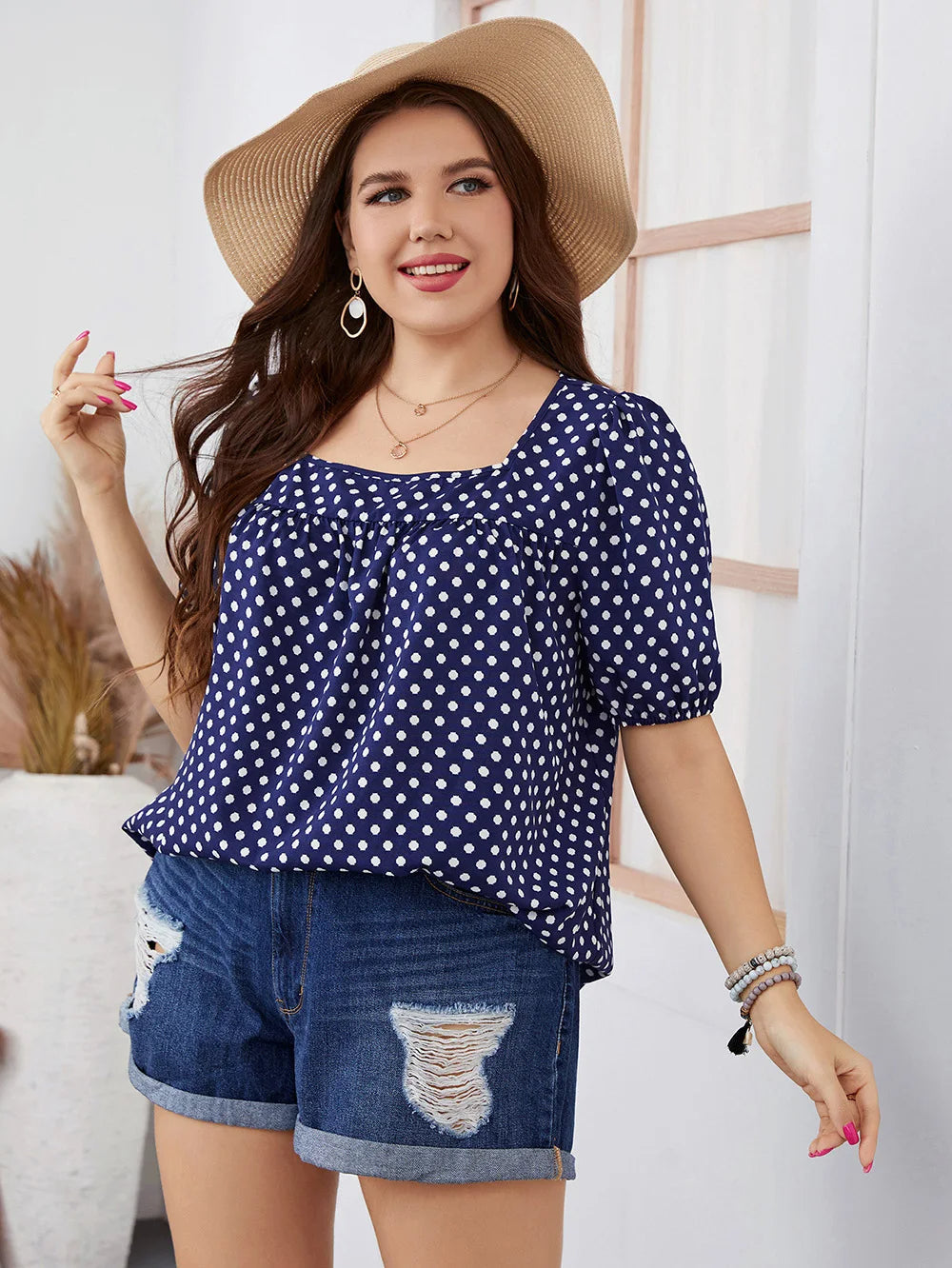 Women's Blouse Linen Polka Dot Puff Sleeve Top