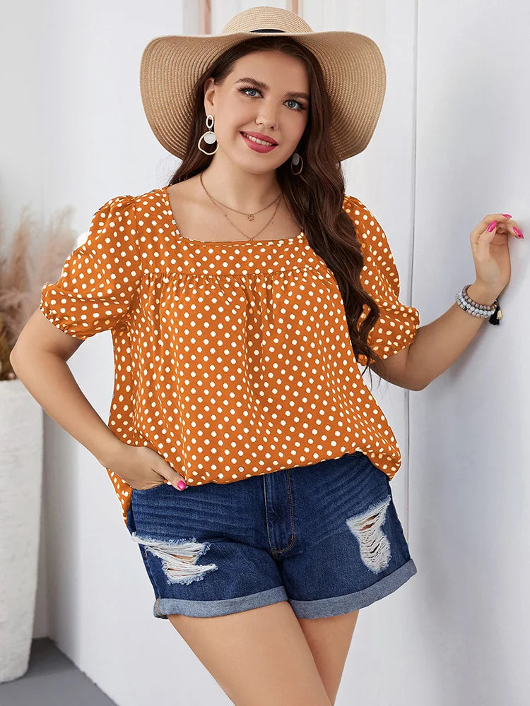 Women's Blouse Linen Polka Dot Puff Sleeve Top