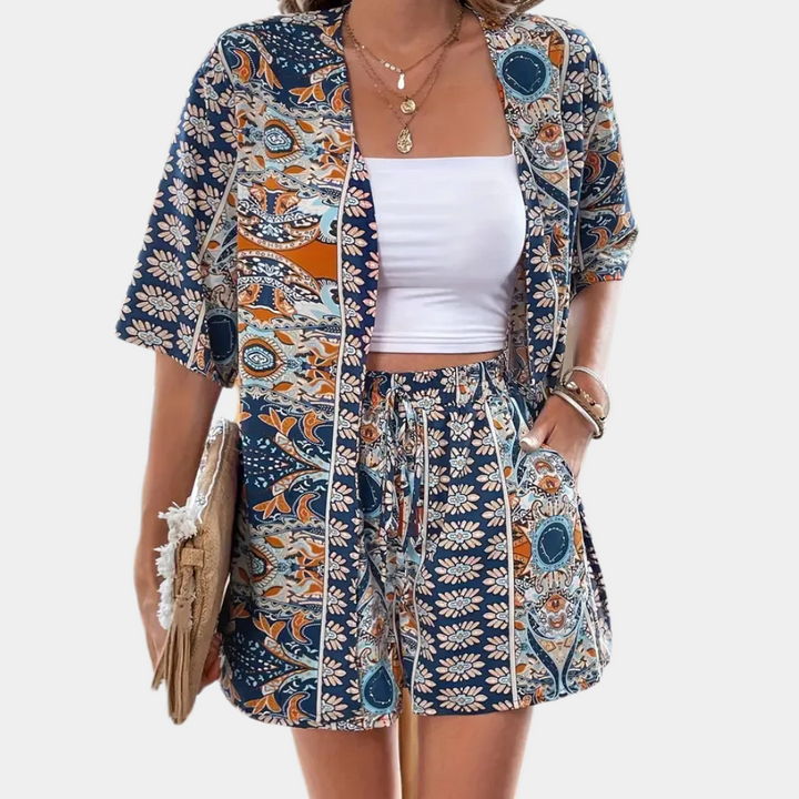 Ensemble court bohème en lin pour femme, kimono imprimé deux pièces
