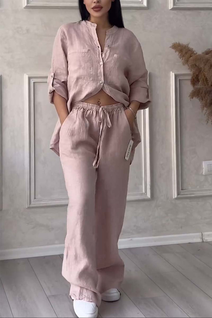 Γυναικείο σετ loungewear με φαρδύ λινό πουκάμισο και παντελόνι με φαρδιά μπατζάκια