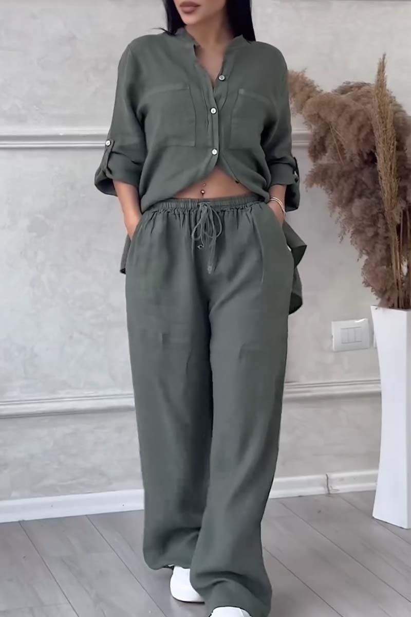 Γυναικείο σετ loungewear με φαρδύ λινό πουκάμισο και παντελόνι με φαρδιά μπατζάκια