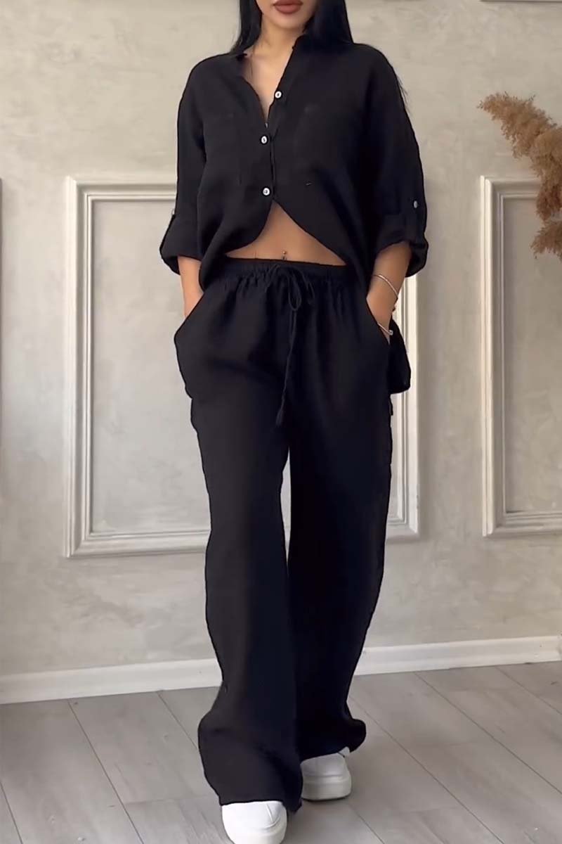 Γυναικείο σετ loungewear με φαρδύ λινό πουκάμισο και παντελόνι με φαρδιά μπατζάκια