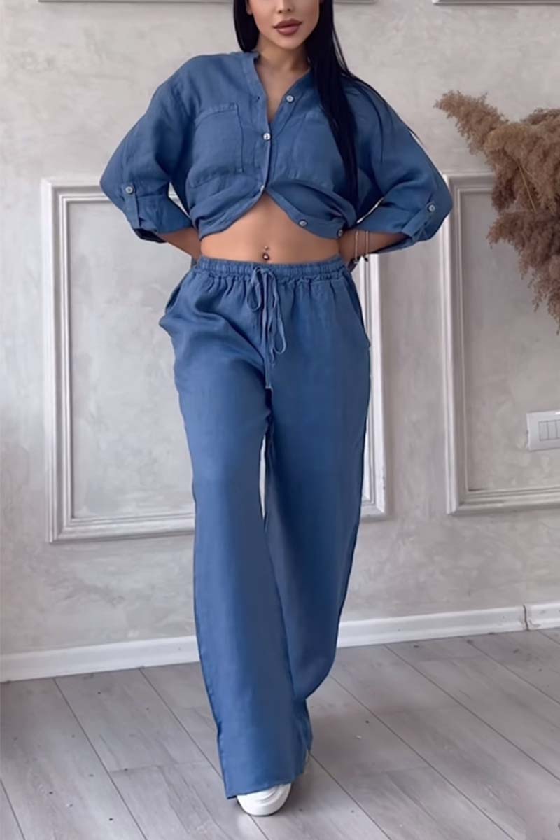Γυναικείο σετ loungewear με φαρδύ λινό πουκάμισο και παντελόνι με φαρδιά μπατζάκια