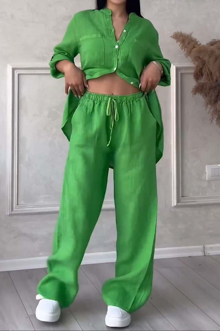 Γυναικείο σετ loungewear με φαρδύ λινό πουκάμισο και παντελόνι με φαρδιά μπατζάκια
