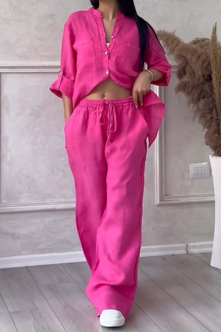 Γυναικείο σετ loungewear με φαρδύ λινό πουκάμισο και παντελόνι με φαρδιά μπατζάκια