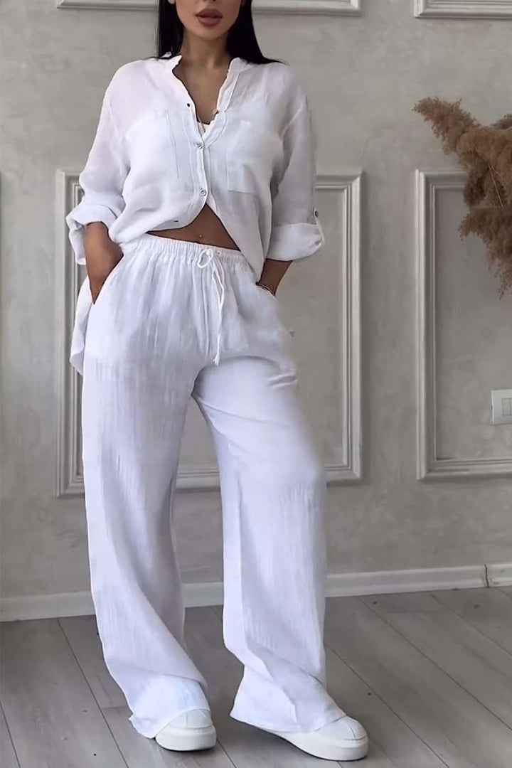 Γυναικείο σετ loungewear με φαρδύ λινό πουκάμισο και παντελόνι με φαρδιά μπατζάκια