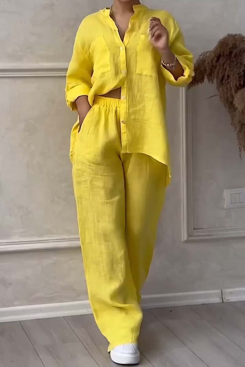 Γυναικείο σετ loungewear με φαρδύ λινό πουκάμισο και παντελόνι με φαρδιά μπατζάκια