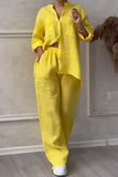 Γυναικείο σετ loungewear με φαρδύ λινό πουκάμισο και παντελόνι με φαρδιά μπατζάκια
