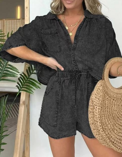Women's Denim Short Sleeve Romper Jumpsuit Casual Outfit