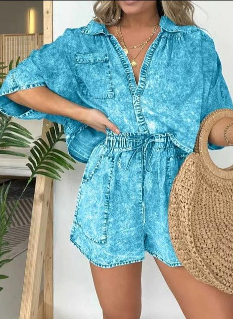 Women's Denim Short Sleeve Romper Jumpsuit Casual Outfit