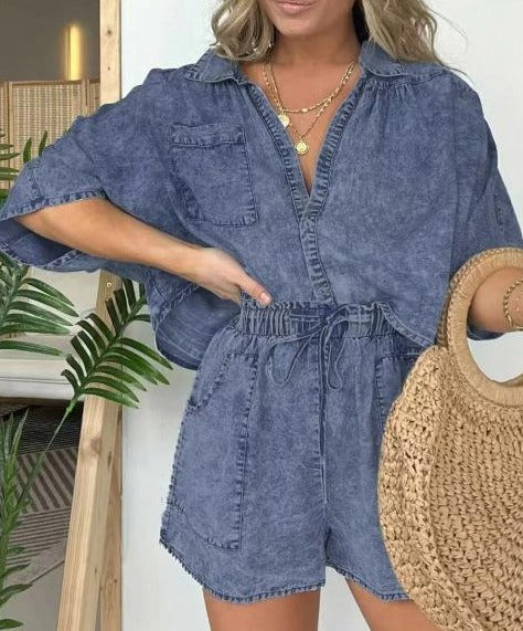 Women's Denim Short Sleeve Romper Jumpsuit Casual Outfit