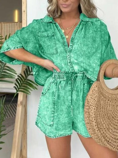 Women's Denim Short Sleeve Romper Jumpsuit Casual Outfit