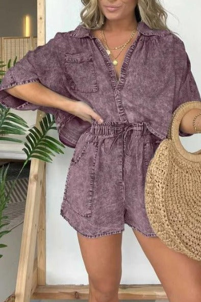 Women's Denim Short Sleeve Romper Jumpsuit Casual Outfit