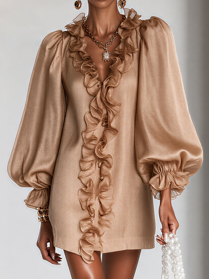Women's Silk Ruffle Puff Long Sleeve Party Shift Tunic Dress