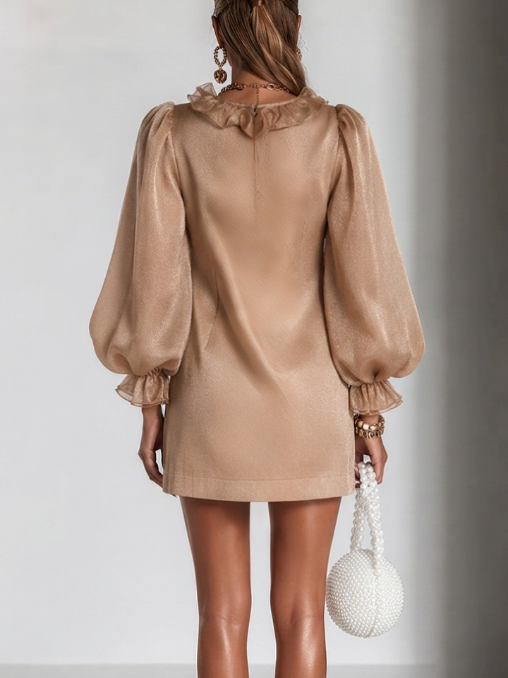 Women's Silk Ruffle Puff Long Sleeve Party Shift Tunic Dress