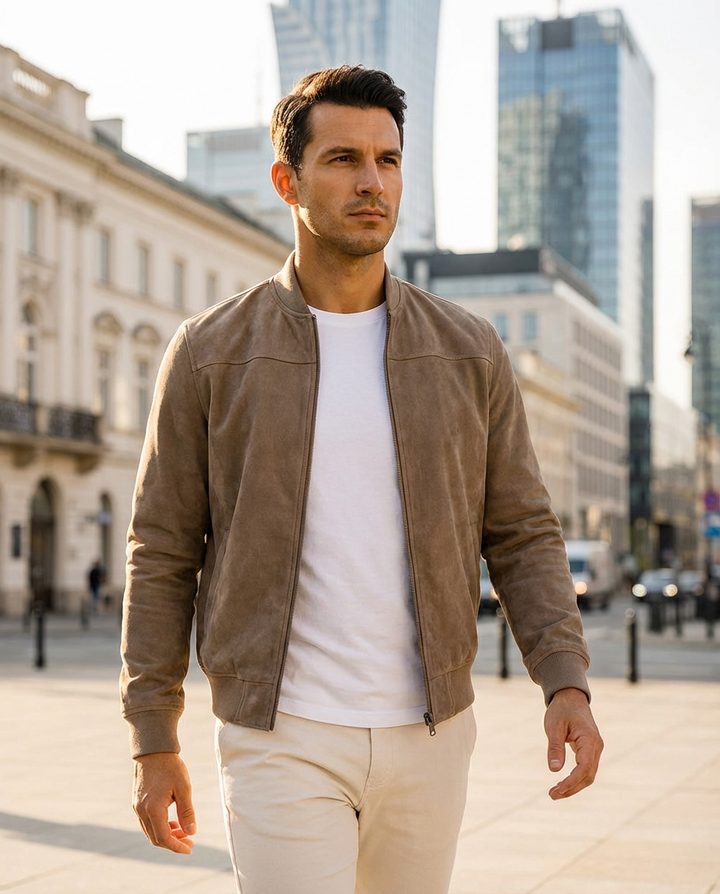 Men’s Suede Stand-Collar Full-Zip Bomber Jacket