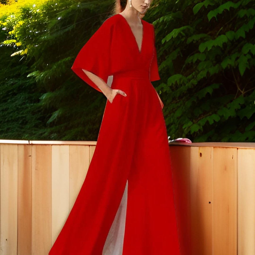 Elegantní dámský overal ze šifonu s výstřihem do V, polovičními rukávy a širokými nohavicemi