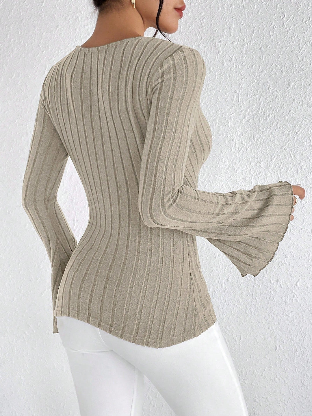 Women's Knit V-Neck Jumper Ribbed Flare Sleeve Pullover