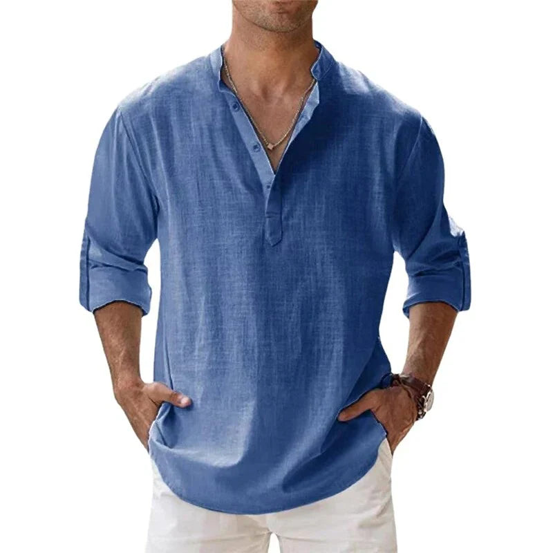 Men Henley Linen Shirt Men Long Sleeve Casual Top