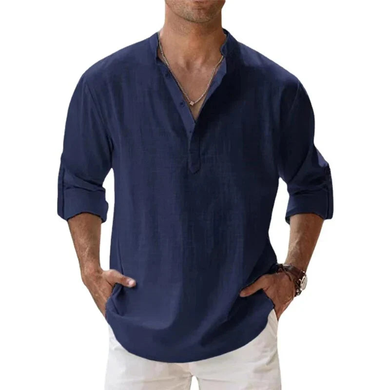 Men Henley Linen Shirt Men Long Sleeve Casual Top
