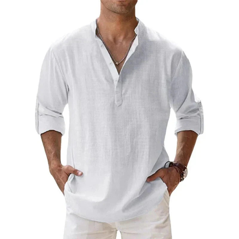 Men Henley Linen Shirt Men Long Sleeve Casual Top