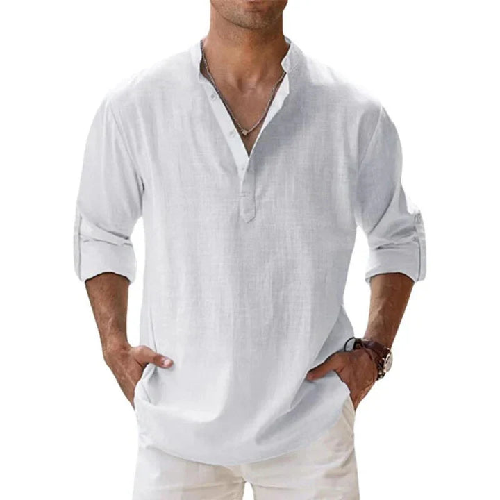 Men Henley Linen Shirt Men Long Sleeve Casual Top
