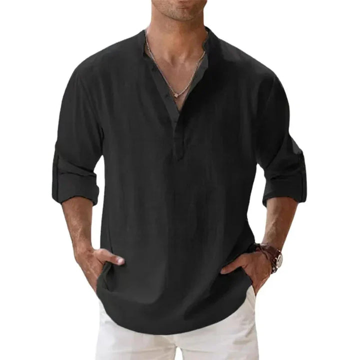 Men Henley Linen Shirt Men Long Sleeve Casual Top