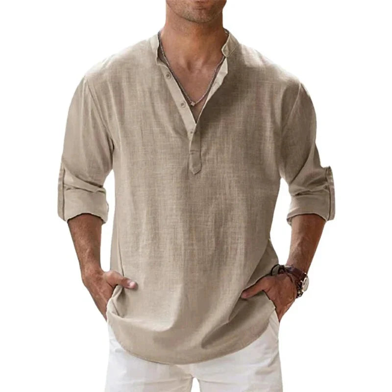 Men Henley Linen Shirt Men Long Sleeve Casual Top