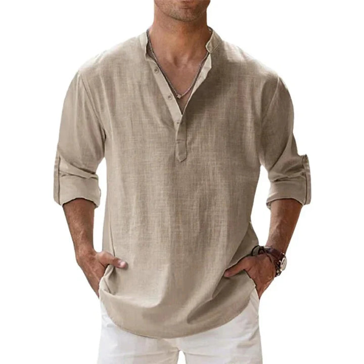Men Henley Linen Shirt Men Long Sleeve Casual Top
