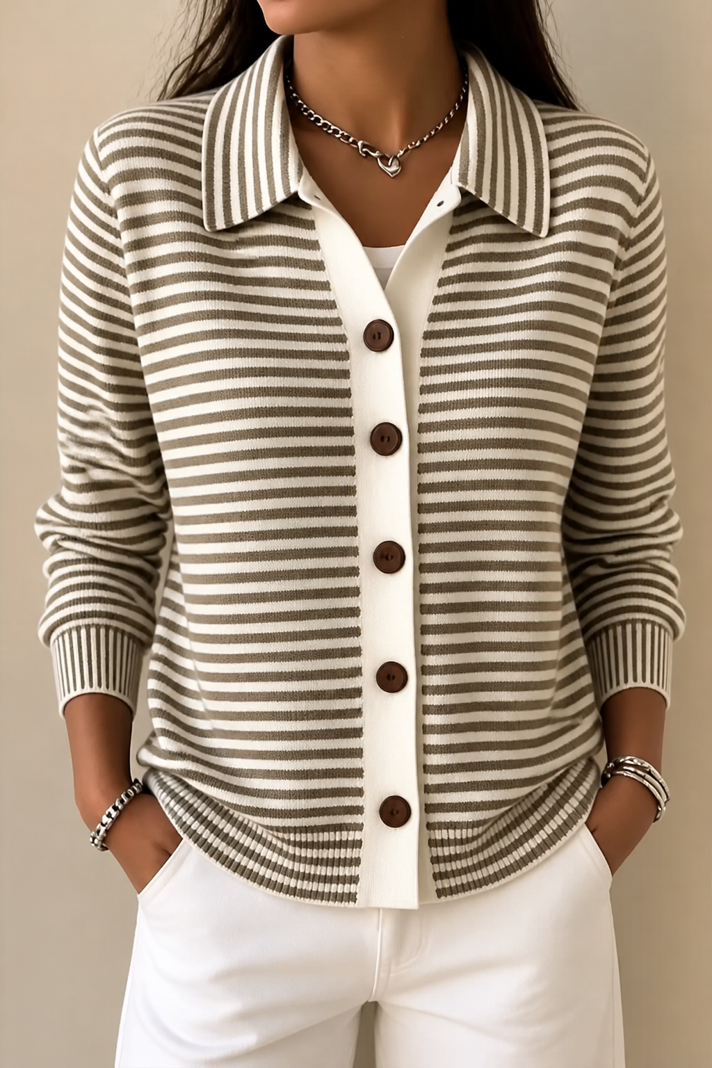 Women's Knit Striped Collared Cardigan Sweater Jacket