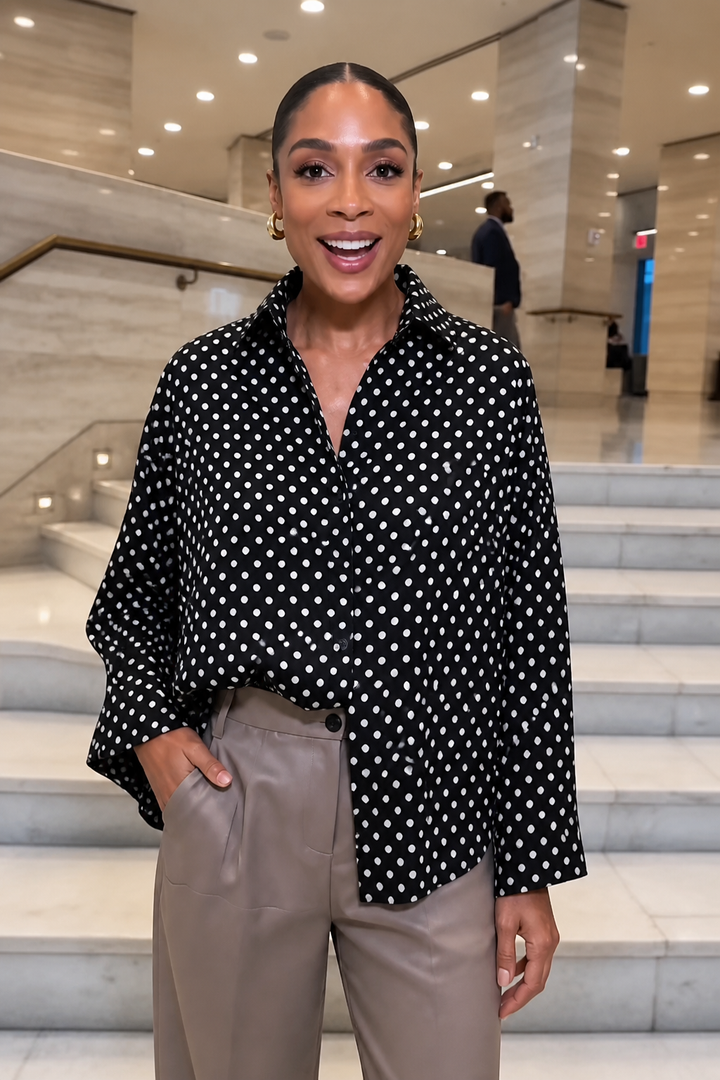 Women's Polka Dot Chiffon Blouse Long Lantern Sleeve Button Shirt