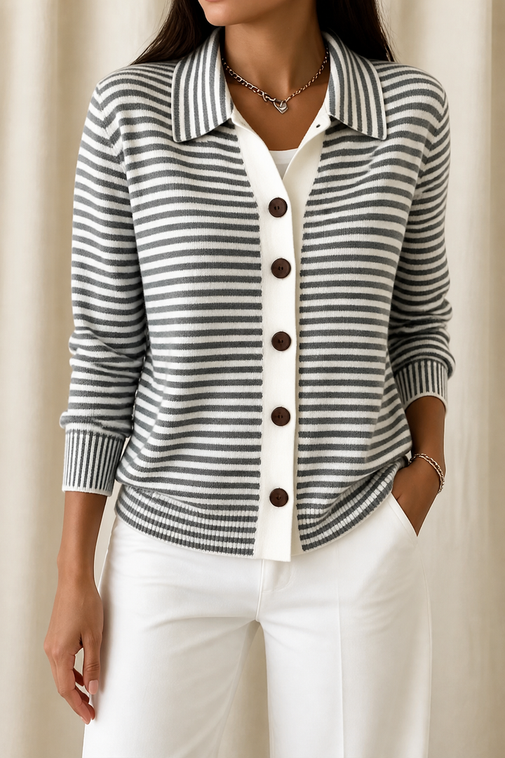 Women's Knit Striped Collared Cardigan Sweater Jacket