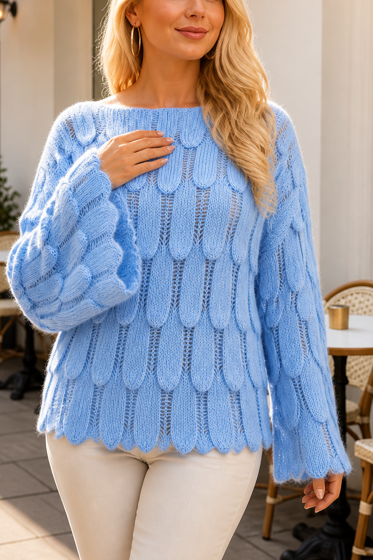 Women's Knit Cable Long Bell Sleeve Crochet Pullover Jumper
