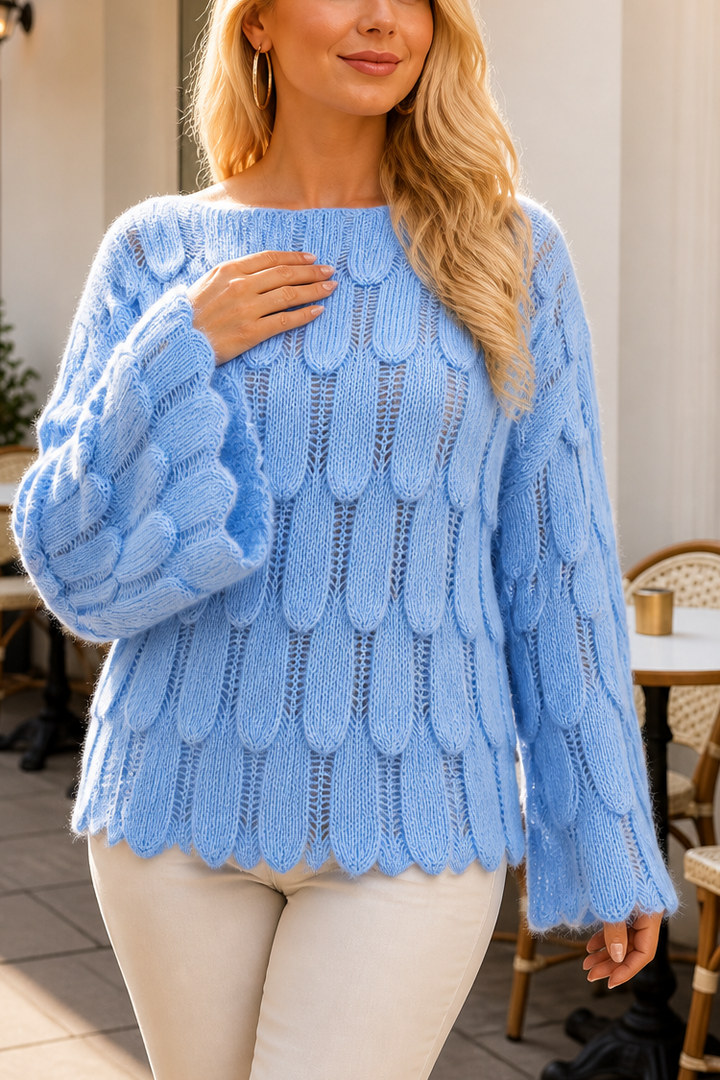 Women's Knit Cable Long Bell Sleeve Crochet Pullover Jumper