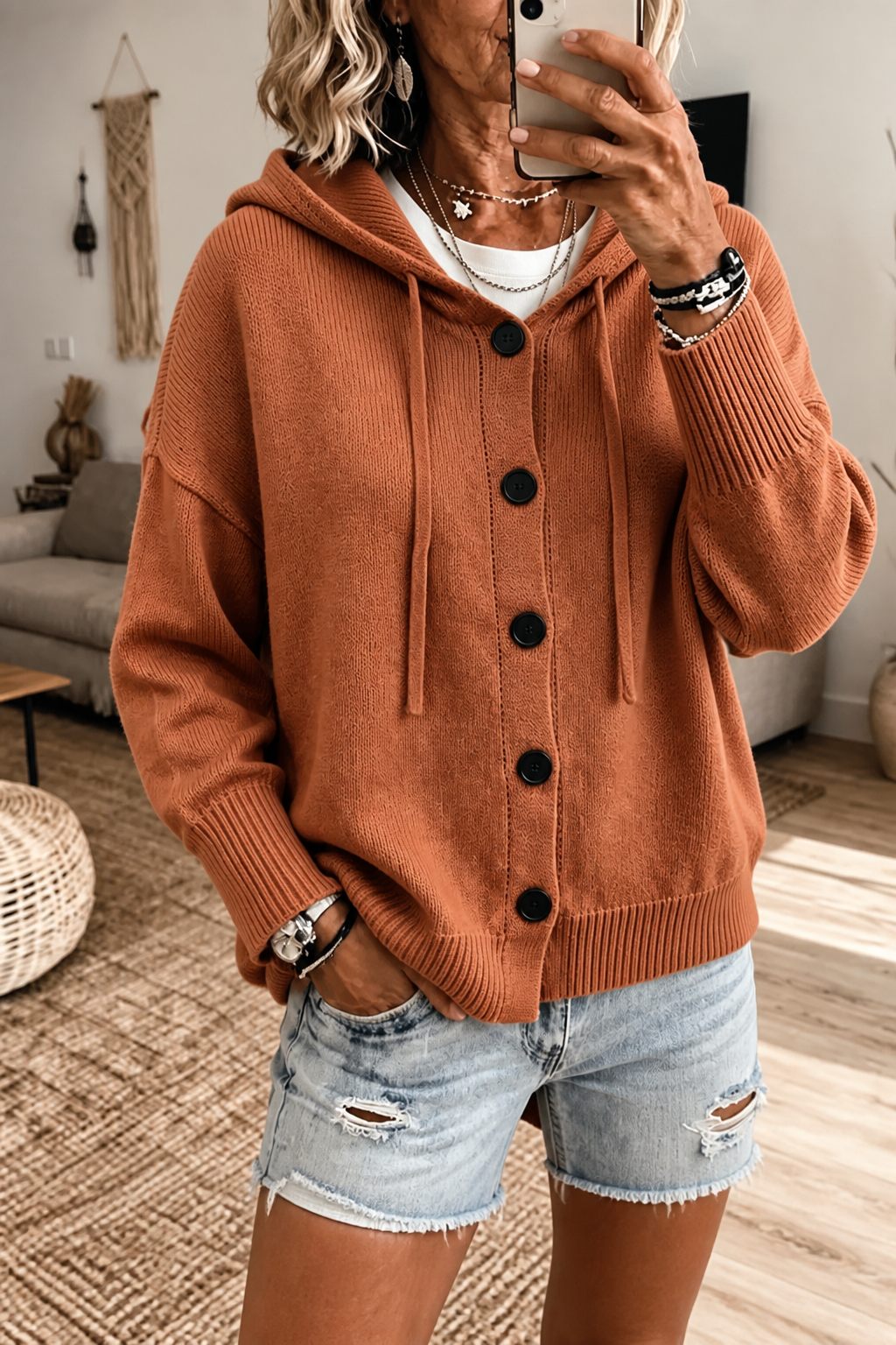 Women's Knit Hooded Cardigan Loose Long Sleeve Sweater Jacket