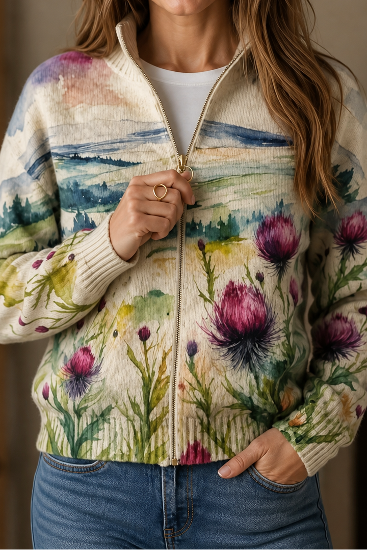 Dámský pletený svetr s květinovým vzorem, dlouhými rukávy a zapínáním na zip