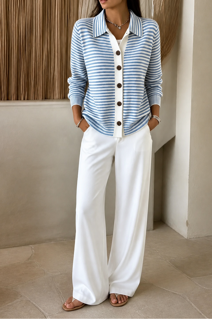 Women's Knit Striped Collared Cardigan Sweater Jacket
