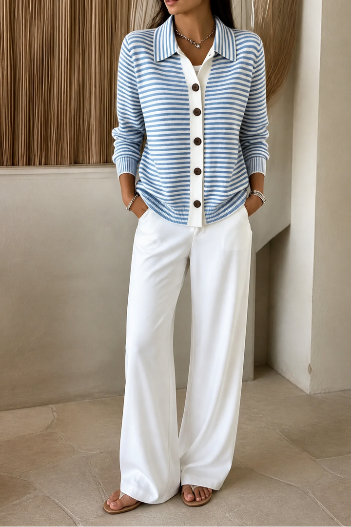 Women's Knit Striped Collared Cardigan Sweater Jacket