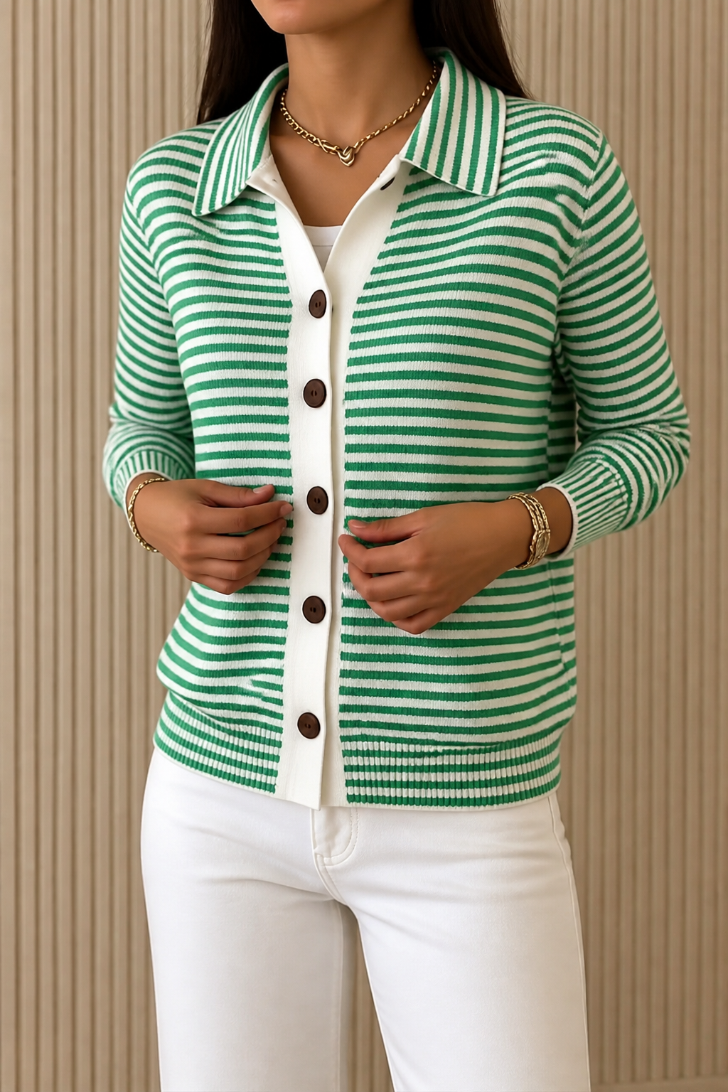 Women's Knit Striped Collared Cardigan Sweater Jacket
