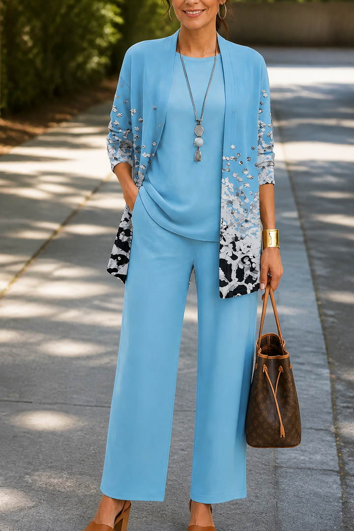 Dámská třídílná souprava z pletené směsi se širokými nohavicemi a kardiganem